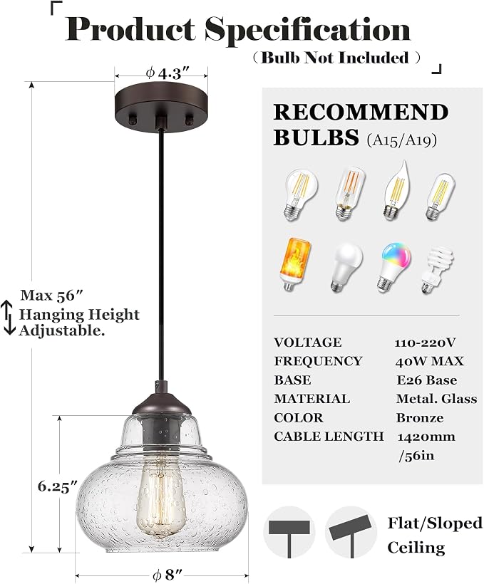 ELYONA 2 Pack Bubble Glass Pendant Lights, 8 Inch Vintage Hanging Lamp Seeded Glass Industrial Pendant Light Fixtures for Kitchen Island, Farmhouse, Bar, Bathroom, Dining Room, Oil Rubbed Bronze