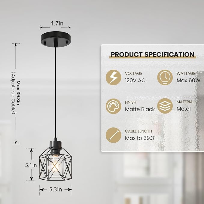6-Pack Hanging Pendant Light Fixtures, Farmhouse Kitchen Island Light Fixture, Industrial Hanging Pendant Lighting for Dining Room Bedroom Hallway, Black Metal Cage Pendant Lamp, E26 Base