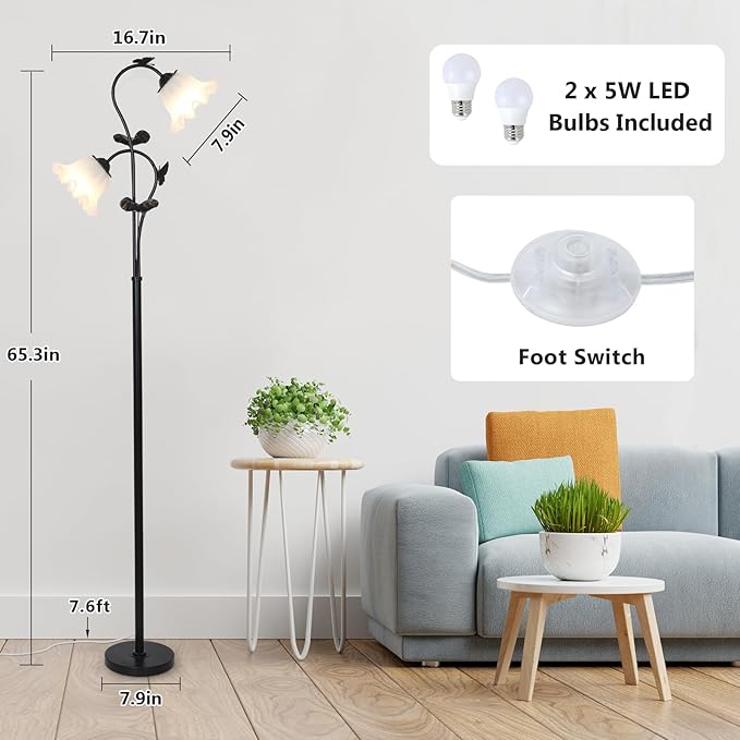 HMVPL Black Floor Lamp for Living Room, Flower Standing Lamp with 2 LED 5W Blubs, Foot Switch, Floral Tall Lamp with Acrylic Shade, Antique Lotus Flower Floor Lamp for Living Room Office Reading