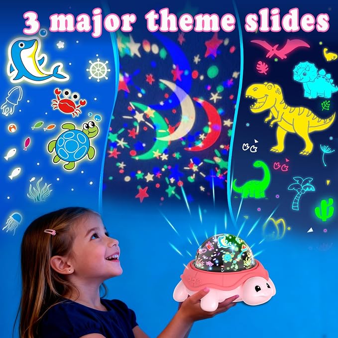 Pink Lucky Turtles Kids Night Light,3-8 Year Old Boys Toy Star Sky Projector Lamp 360° Rotation,4 LED Light Beads,16 Light Colors Adjustable,USB Cable Powered,Ceiling Ambiance Light for Kids Bedroom