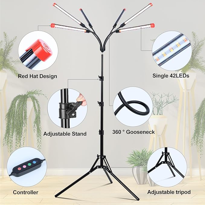 6Head Grow Light with Stand for Tall and Large Indoor Plants, Bonsai Tree, Big Coverage and Bright Plant Growing Lamps, 4/8/12/16/20H Timer, 54 Watt Power Draw, NO Need Adapter, 360° Gooseneck