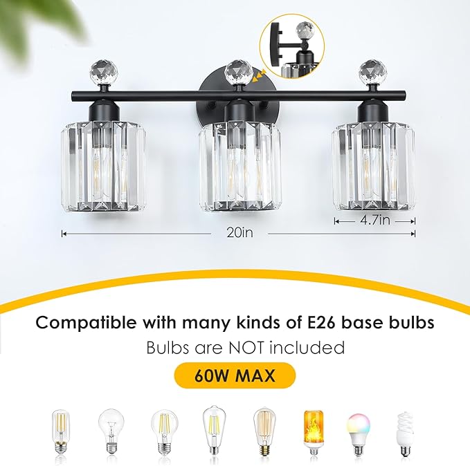 Modern 3 Light Crystal Vanity Light,Black Vertical Bathroom Light Fixture Over Mirror for Dressing Table Sink,Crystal Bathroom Light Fixtures,Compatible with Dimmable Bulbs (Bulbs Not Include)