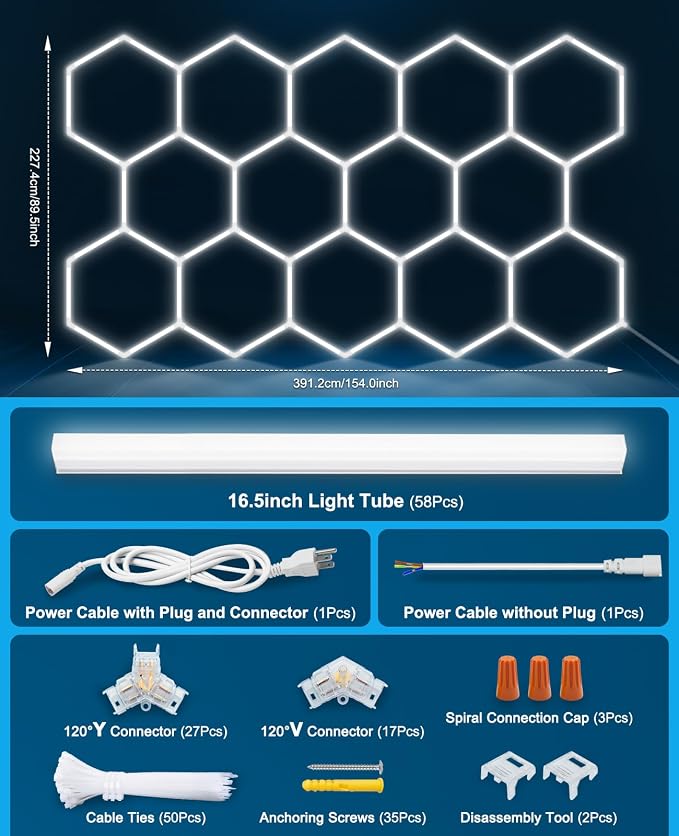 Hexagon led Lights: DIY Ceiling LED Light Hexagon Garage Lights 63070LM | for Warehouse Workshop Barbershop Car Care Wash Room Auto Beauty Shop Gym Exhibition 6500K
