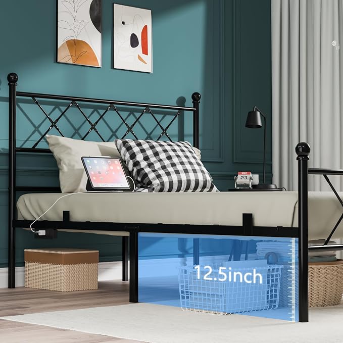 VINGLI Full Bed Frame with LED Lights & Charging Station, Metal Platform Bed Frame with Headboard, USB Ports, Under Bed Storage, Noise Free, No Box Spring Needed, Easy Assembly, Black