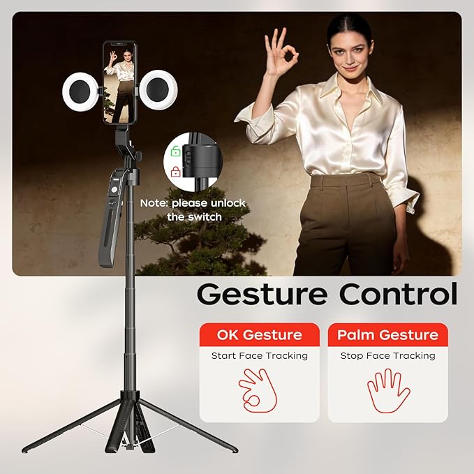 FUNSNAP 70.9" Auto Face Tracking Selfie Stick Tripod for iPhone Android with Lights, No App, 360°Rotation Tripod that Follows Your Movement with Remote Control for Live Streaming, TikTok, YouTube