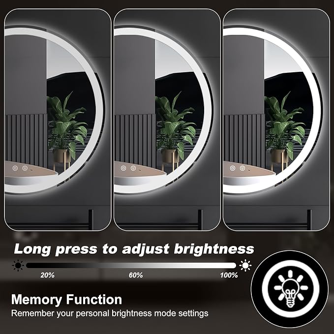 DUMOS 24 Inch Round LED Bathroom Mirror with Lights, Circle Vanity Mirror | Anti-Fog, Dimmable, 3-Color Light, Front Light and Backlit, Memory Function, Tempered Glass