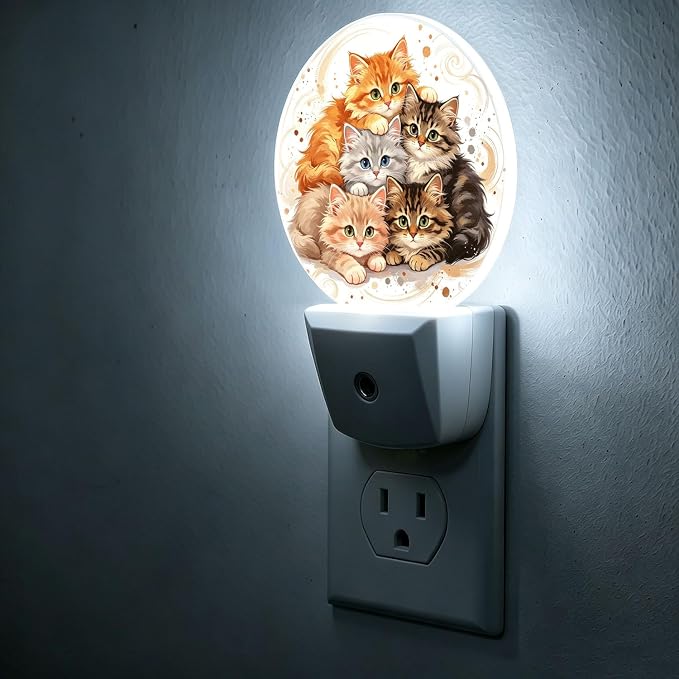 Nightlight Cute Cats Night Lights Plug Into Wall Auto Sensor | Watercolor Cartoon Kitten Night Light Auto Led Sleep Round Lamp for Living Room Hallway Stairs