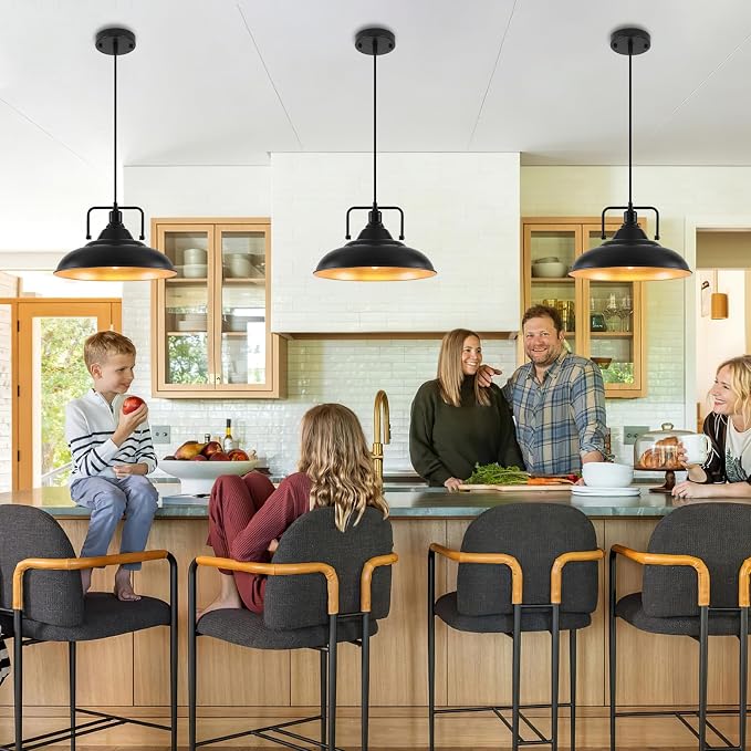 Black Pendant Light, Large Black and Gold Pendant Light 15.7" 3 Packs, Farmhouse Pendant Light, Island Pendant Lights, Kitchen Pendant Lights, Pendant Lights for Kitchen, Living Room