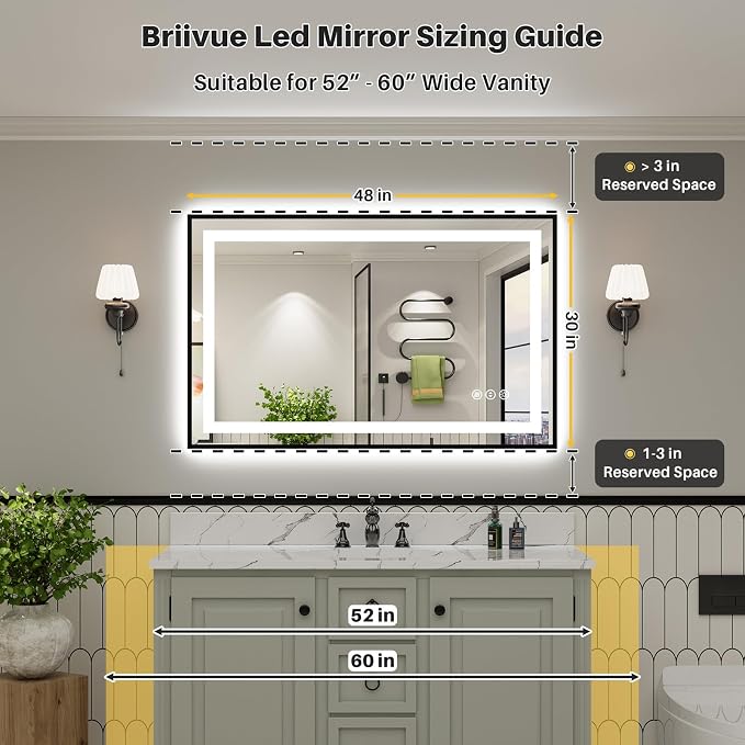 48x30 Inch LED Bathroom Mirror with Black Frame, Backlit & Front Lit | Anti-fog, 3 Color Dimmable, Memory Function, HD Reflection Tempered Glass, ETL Listed, IP54 Waterproof