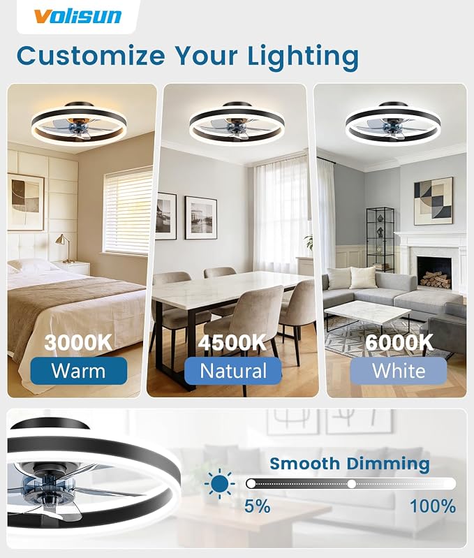 VOLISUN Low Profile Ceiling Fans with Lights and Remote, 20in Flush Mount Ceiling Fans with Light, 3000K-6500K Dimmable Fandelier LED Fan Light, Black Bladeless Ceiling Fans with Lights for Bedroom
