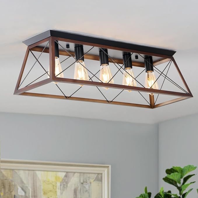 31.5" Flush Mount Ceiling Light, 5-Light Industrial Vintage Chandelier with Matte Black & Brushed Bronze Finish, Large Close to Ceiling Lighting for Dining Room, Kitchen Island, Living Room, Hallway