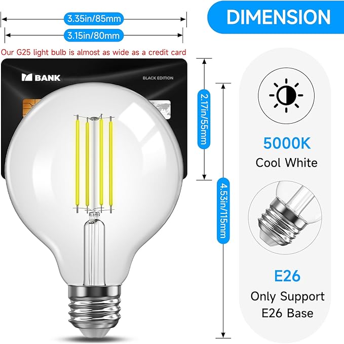 TJOY G25 Globe Light Bulbs, LED Edison Vanity Light Bulbs, Dimmable, 5000K Daylight White, 500 Lumens, 5.5W=60W, CRI80, Clear Vintage Filament Globe, E26 Base, 6 Pack