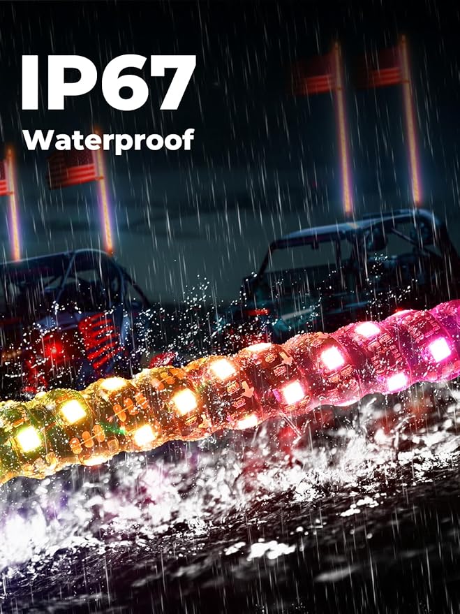KEMIMOTO 2pc 4ft Bluetooth LED Whip Lights for UTV, Turning Signal Function Compatible with Polaris RZR Can-Am Maverick X3, App & RF Remote Control LED Light Whip for SXS ATV Buggy Boat Offroad