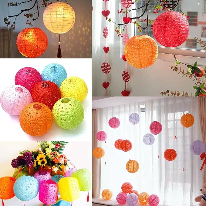 12Pcs Paper Lanterns Chinese Lunar New Year Decorations 2026 Chinese Japanese Decorative Hanging Paper Lanterns 8inch Round Hollow Colorful Lantern Lamps for Spring Festival Asian Home Party Decor