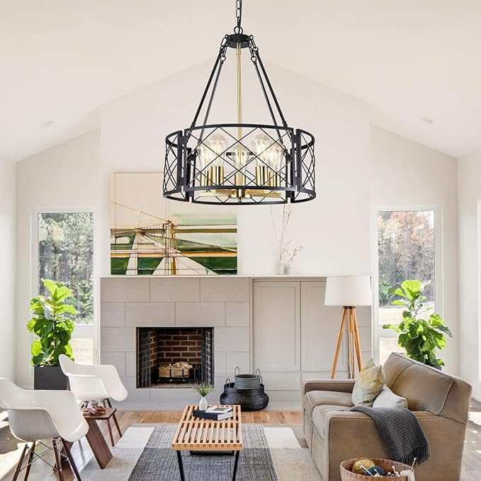 21'' Farmhouse Chandelier, 5-Light Black and Gold Dining Room Light Fixture Over Table, Rustic Industrial Drum Hanging Pendant Lights Fixture for Kitchen Island Living Room Bedroom Hallway Entryway