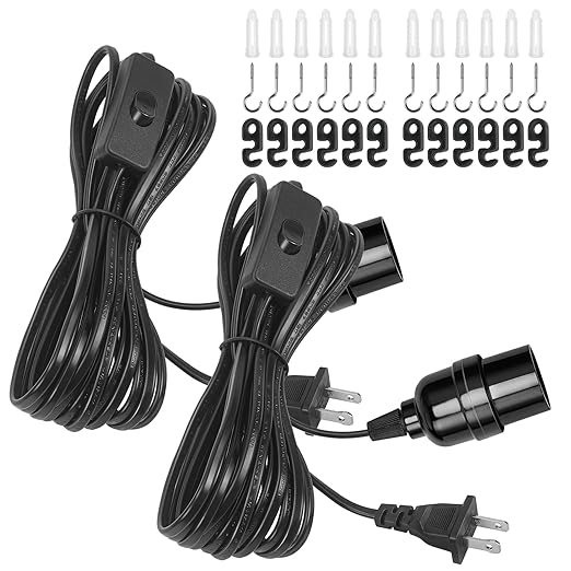 DiCUNO Hanging Lantern Extension Cord Cable, E26 Pendant Light Socket On Off Inline Cord Switch Control Lamp, Switch Close to Polarized Plug, 20 Feet (6M), Black, 2-Pack