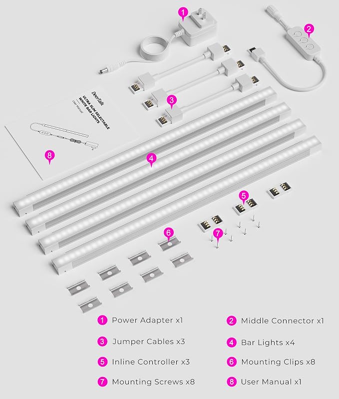 12" Plug-in Under Cabinet Lighting for Kitchen, Closet, Shelf, 4 Pack | 5CCT Adjustable (2700K-5000K) / 0.39" Ultra Slim Linkable Bars / 220LM/pcs / Permanent Kitchen Lighting / Easy Installation