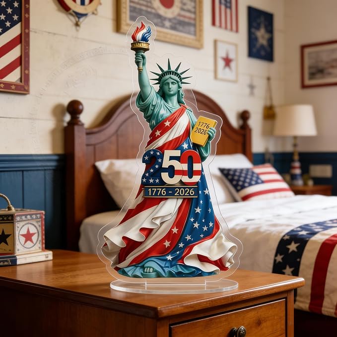 4th of July Decorations Gifts 2D Acrylic Statue of Liberty Shaped Tabletop Sign Designs 250th Anniversary Statue 1776-2026 Patriotic Desk Plaque for Living Room Book Shelf Cabinets Table Ornaments