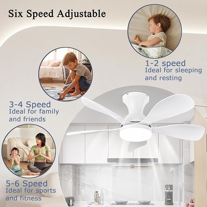 Ceiling Fans with Lights and Remote/APP Control, 33 Inch Low Profile Flush Mount Ceiling Fan with 3 Colors Dimmable LED, Reversible 6 Speeds DC Motor for Outdoor Patio, Kids Room, Bedroom （White）