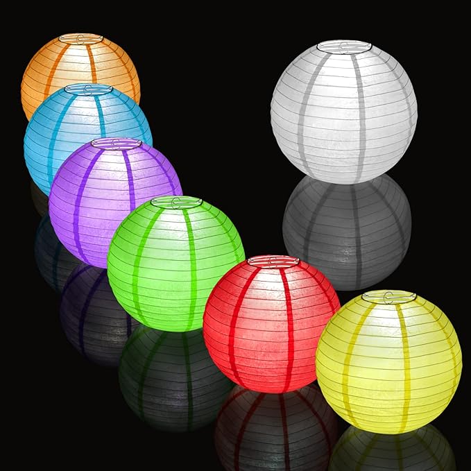 12 Pack White LED Paper Lanterns, 6" 8" 10" 12" Round Hanging Chinese/Japanese Ball Lanterns for Christmas, Valentine's Day, Easter, 4th of July, Christmas