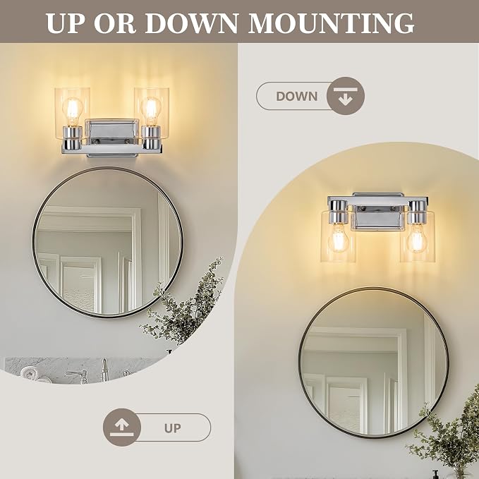 2-Light Bathroom Light Fixtures with Clear Glass, Chrome | Vanity Lights, Modern Wall Sconces, Over Mirror for Bathroom, Powder Room, Living Room