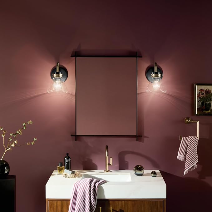 Kichler Farum 1-Light Bathroom Wall Light, Black | Modern wall light with clear glass for bathrooms, hallways and bedrooms (7.25" x 9.5"), 55153BKCLR