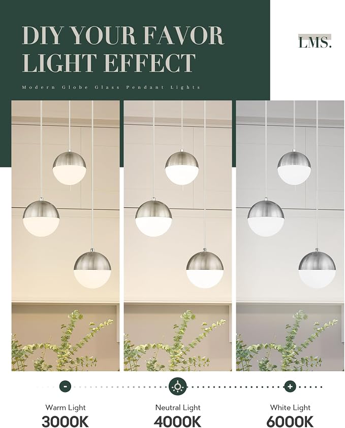 Modern Brushed Nickel 3-Light Cluster Pendant Lights, Mid Century Pendant Lighting with White Globe Glass Shade, Adjustable Hanging Cord Ceiling Light for Home Office Dining Room, LMS-186BN3