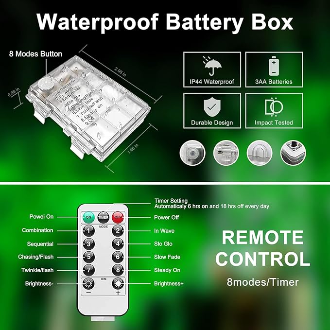 JMEXSUSS 2 Pack Green Lights Battery Operated String Lights Outdoor Waterproof, Total 200LED 66ft Battery Powered Rope Lights with Remote, Green Lights for St Patricks Day Decorations
