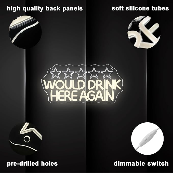 Would Drink Here Again Neon Sign, Dimmable Neon light Funny 5 Star LED Bar Wall Light Drinking Bar Light Sign for Beer Pub Restaurant Cafe Lounge Decor Gift(14.1 * 6.7in)