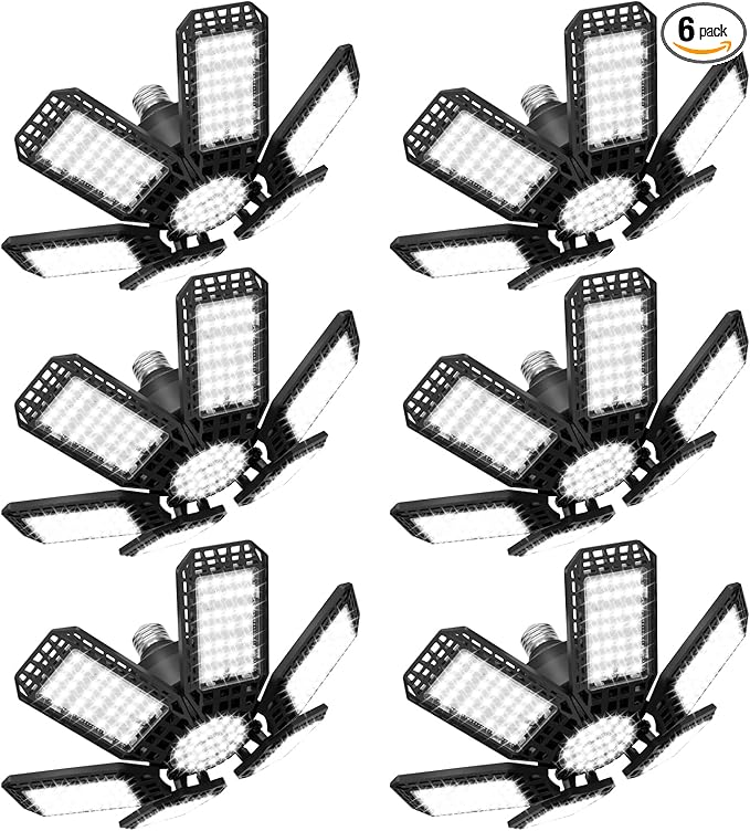 6 Pack Garage Lights, 28000LM Super Bright LED Shop Lights with 6+1 Deformable Panels, 6500K Garage Light Ceiling Led, E26/E27 Socket Screw in Bulb for Warehouse, Workshop, Basement, Attic
