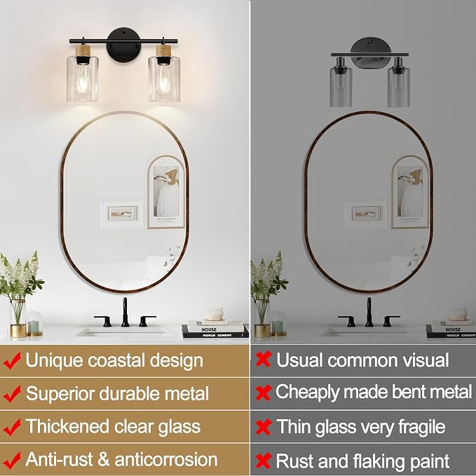 MOKATNG Bathroom Light Fixtures, 2-Light Farmhouse Vanity Lights with Hemp Rope, Black Bathroom Wall Lamp for Mirror Kitchen Hallway Cabinet