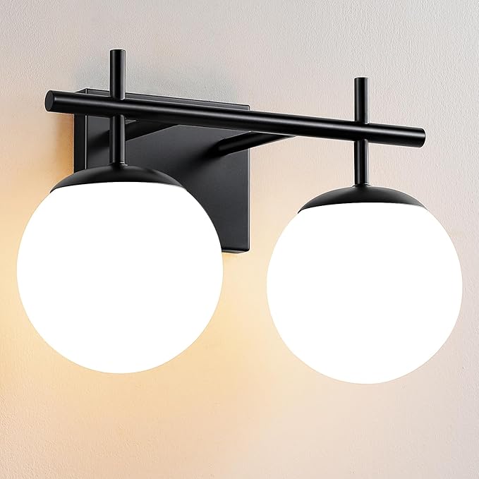 Black Bathroom Light Fixture Over Mirror, 2-Lights Vanity Lights with Milky White Frosted Glass Shade Mid Century Farmhouse Light Fixtures for Bathroom Above Mirror (Exclude E26 Bulb)