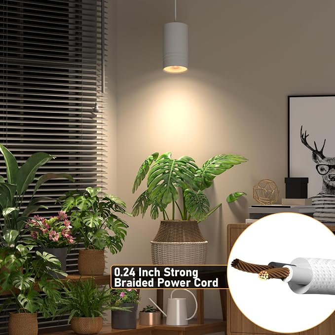 Hanging Grow Lights for Indoor Plants Full Spectrum, COB Pendant Spotlight Plant Grow Light for Large Tall Plant, Garden, Herb, Seed, with Timer and 15ft Braided Cord, 40W 3000K, Full Aluminum White
