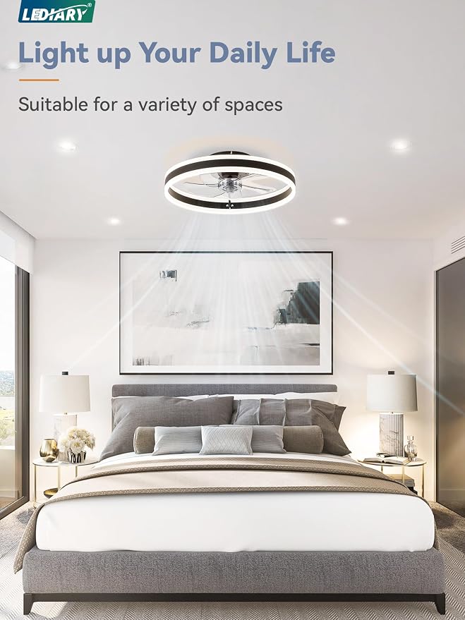 LEDIARY 19.7'' Modern Low Profile Ceiling Fans with Lights and Remote,Black | 3000-6000K Dimmable LED, 6 Wind Speeds, Quiet Reversible DC Motor, Small Flush Mount Fandelier for Bedroom, Living Room