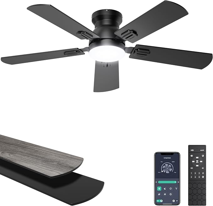 Ohniyou 42'' Low Profile Ceiling Fan with Lights, Remote/APP Control, Black | Flush Mount, Dimmable 3CCT LED, Quiet DC Motor; Memory Function, 4775 CFM, Small Ceiling Fan for Indoor Bedroom Kitchen