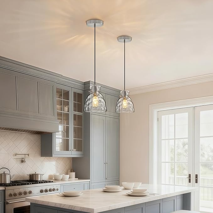 Hammered Glass Pendant Lights Kitchen Island, 5.9“ Small Brushed Nickel Pendant Light Fixtures, Adjustable Modern Hanging Lights Kitchen Pendant Lighting over Island Sink Bathroom Dining Room Bedroom