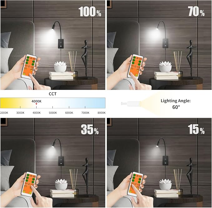 LED Wall Mounted Bedside Lamp with Flexible Gooseneck, Remote Control Black Wall Mount LED Reading Spot Light for Bedroom, Timer Auto Off, Stepless and Step Dimmable, Neutral White Lighting