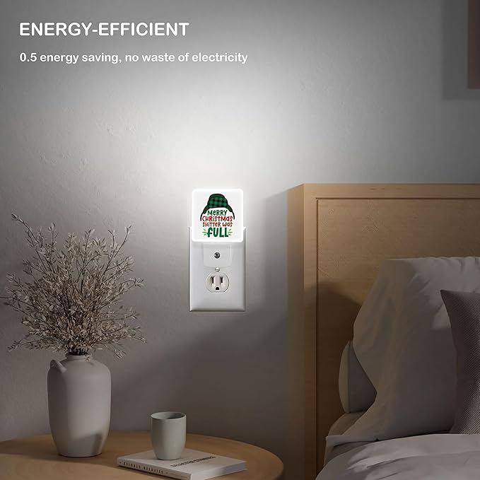 LED Night Light Lamp with Smart Sensor Dusk to Dawn Sensor,Merry Christmas Shitter Text with Cartoon Earmuffs Cap Night Light Daylight White,0.5W Plug-into Wall for Adults,Bedroom,Hallway