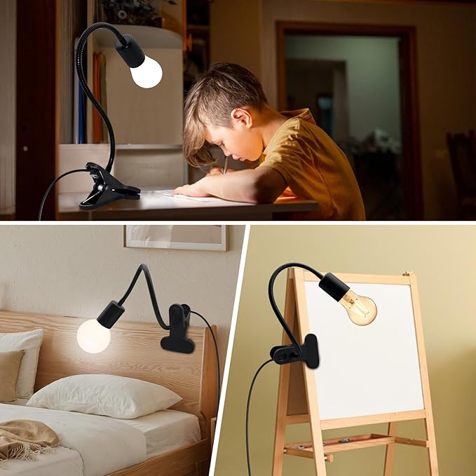 Clip Desk Lamp Socket, 240CM Cord Clamp Light Socket E26 E27 Clip Lamp Holder 360 Flexible Clip on Light with On/Off Switch, Portable, for Lighting, Plant Growth, Black (No Bulb)