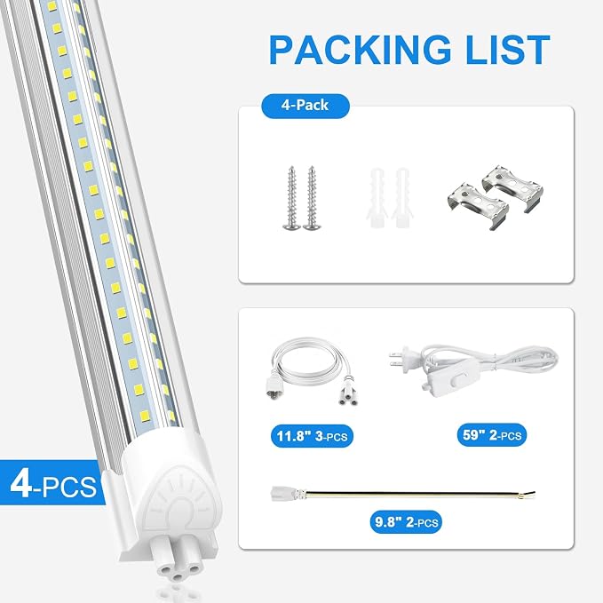 SHOPLED LED Shop Light 3FT, 34W 4760LM 6000K Cool White, V-Shape Linkable | T8 Integrated 3 Foot Tube Lights, LED Cabinet Lights for Workbench, Workshop, Basement, ETL Listed, ETL Listed, 4-Pack