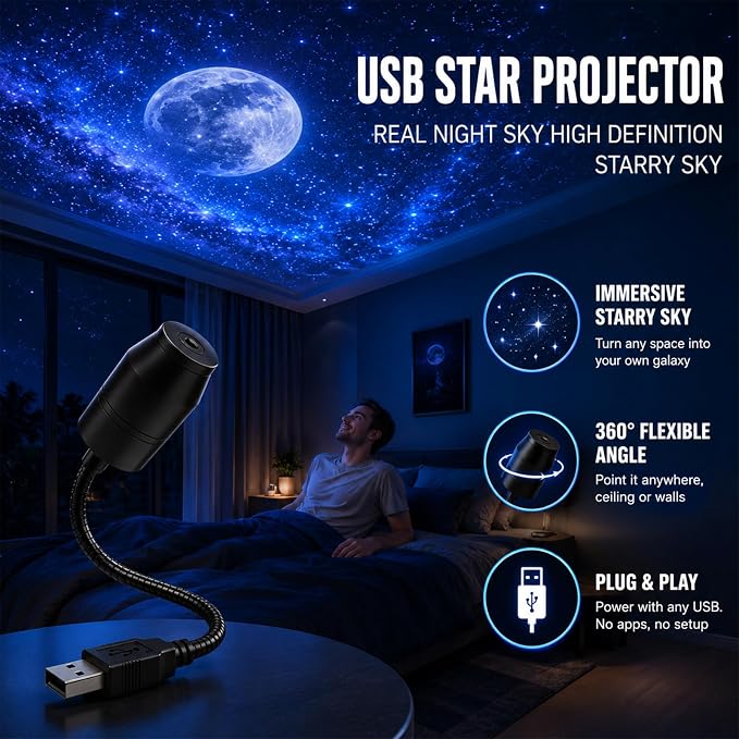 USB Galaxy Projector Night Light, Galaxy Starry Sky Night Light Projector,360°Rotation Night Light Star Projector with Romantic Atmosphere, Portable Mini Star Roof Lights for Car Bedroom Decor (1PCS)