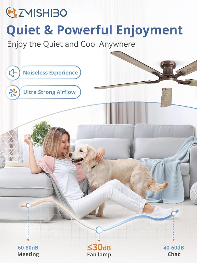 ZMISHIBO 60 Inch Ceiling Fans with Lights, Remote&App Control, Flush Mount | Low Profile, Dimmable 20W LED Light, Quiet Reversible Motor, Strong Airflow, Easy Install for Bedroom/Living Room/Apt, Brown