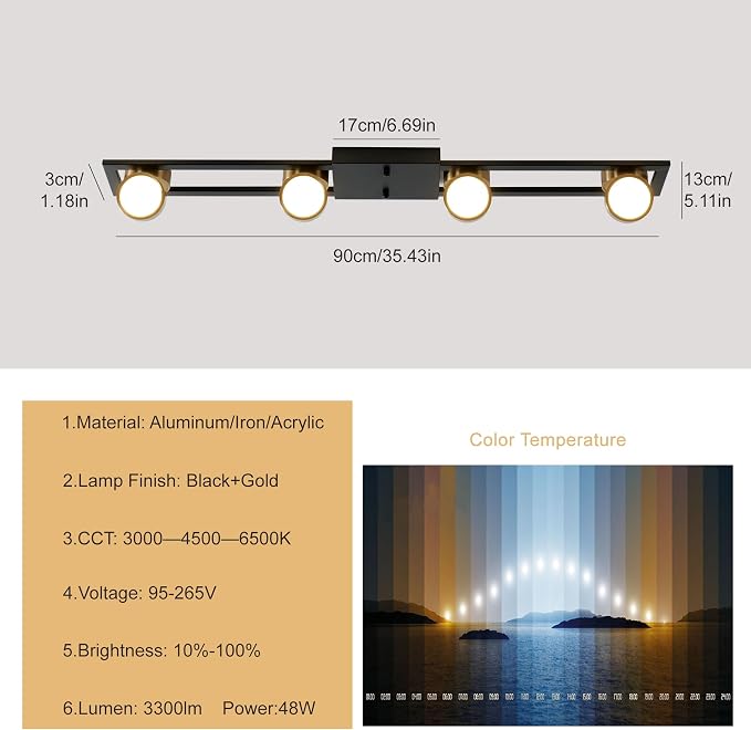 Garwarm 35 Inch LED Track Lighting, Dimmable Low Profile Ceiling Light | Modern Ultra-Slim Flush Mount with 270° Rotatable Heads,Black Gold,3000K-6500K for Kitchen, Dining Room, Bedroom, Office
