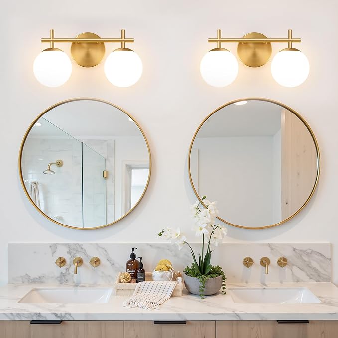 MOKATNG 2-Light Bathroom Light Fixtures, Brushed Gold Vanity Lights for Bathroom with Milky White Glass Shade, Bathroom Lighting Fixtures Over Mirror, Wall Sconce for Bedroom (Bulb Not Included)