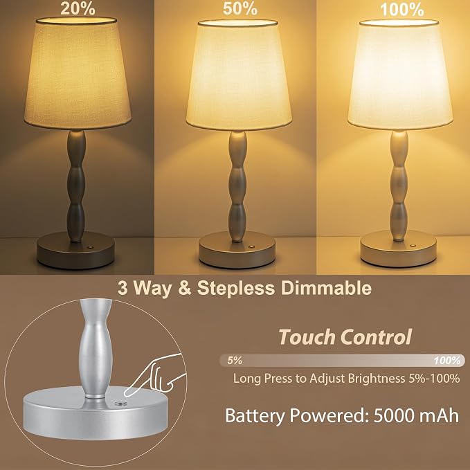 Rechargeable Cordless Table Lamp, 5000mAh Battery Powered Touch Desk Lamp, 3-Level & Stepless Dimmable Night Light, Portable Bedside Lamp for Bedroom, Outdoor, Bulb Included, Silver
