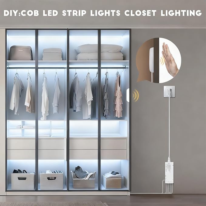 Under Cabinet LED Lighting kit, 6 PCS 6500K White LED Strip Lights Penetrable Wood Touch Dimmable COB LED Strip with 60W Adapter for Kitchen Cabinet,Counter,Shelf,TV Back,Showcase