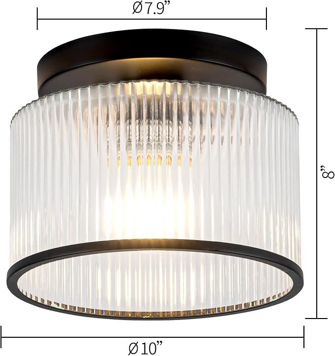 Zlepmlla Glass Ceiling Light, Clear Ribbed Glass Ceiling Light Fixture with Black Metal Frame, Modern Semi Flush Mount Ceiling Light for Hallway, Bedroom, Bathroom, Entryway, Kitchen