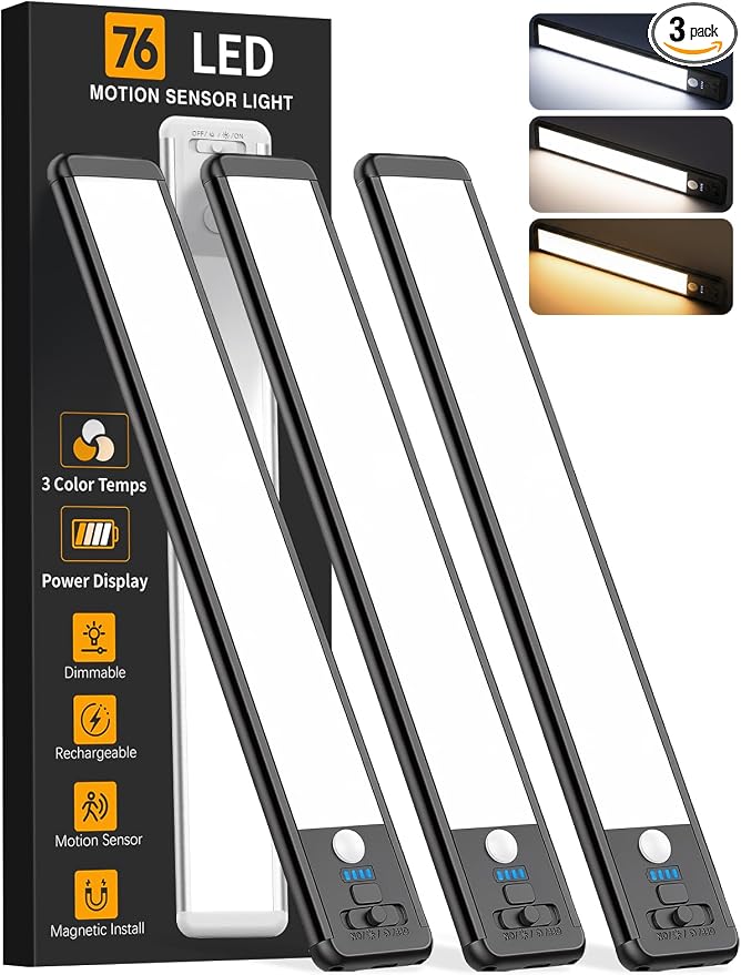 Under Cabinet Lighting Wireless, 10inch Motion Sensor Light, 3Pack-Black | Rechargeable, 3 Color Temps, Dimmable, Power Display, LED Closet Light Magnetic, Under Counter Lights for Kitchen Shelf Home