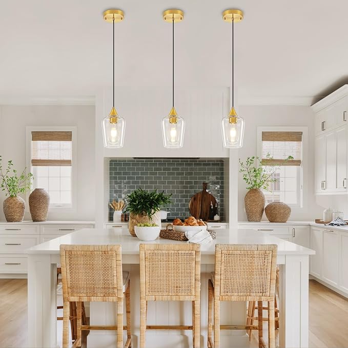 2 Pack Brushed Gold Pendant Lights Kitchen Island, Glass Pendant Lighting Over Island Modern Kitchen Hanging Light Fixtures Adjustable Pendant Lights for Dining Room Bathroom Bedroom Hallway Foyer
