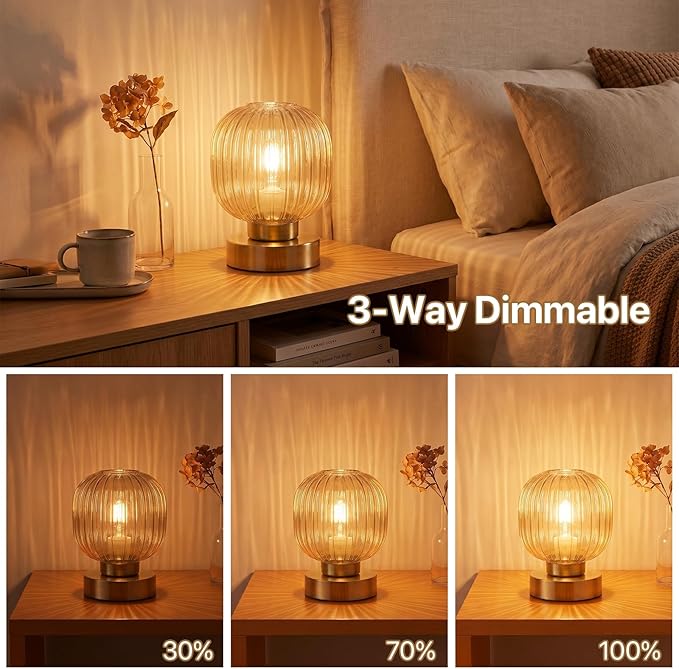 Elenhome Amber Touch Glass Table Lamp, 3-Way Dimmable Bedside Lamp, Vintage Mid-Century Modern Small Nightstand Lamp for Bedroom and Living Room, Ambient Mood Lighting, LED Bulb Included